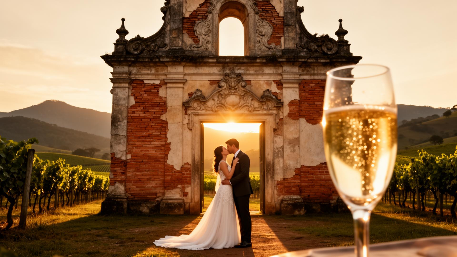 Casamento em vinícola na InnVernia - casal em frente à capela centenária